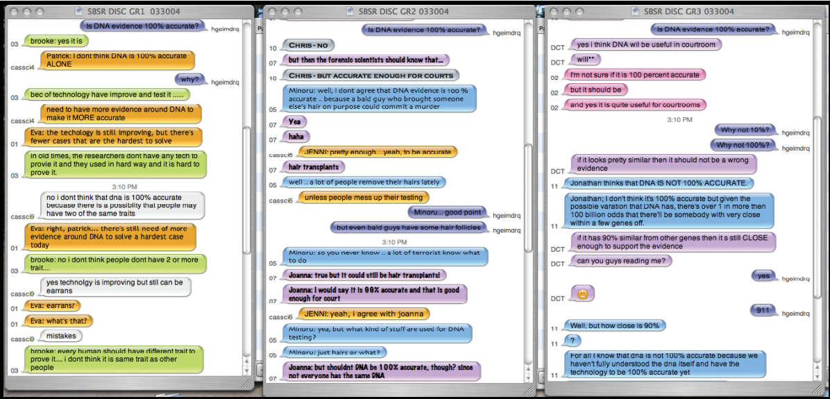 Multiple excerpts from a messaging app between students and an instructor.