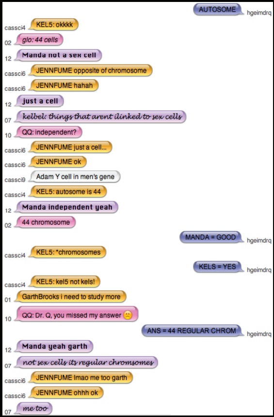 An excerpt from a messaging app between students and an instructor during a review where students are sending responses as messages.