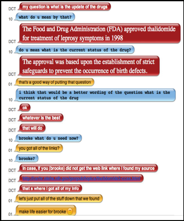 An excerpt from a messaging app between students regarding the wording of a question and a link for a source.