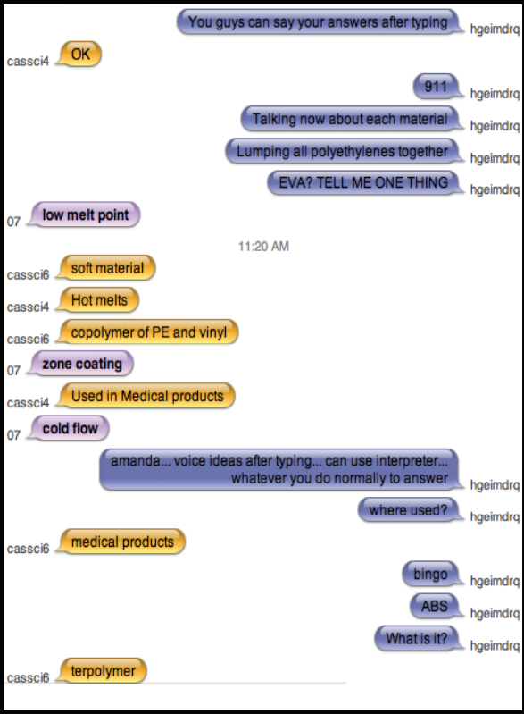 An excerpt from a messaging app between students and an instructor during a review with students sending their responses as messages.