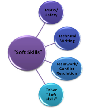 A circle labeled 'soft skills', with lines to labeled circles 'MSDS/safety', 'technical writing', 'teamwork/conflict resolution', 'other 'soft skills''