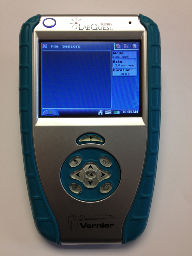 A handheld computer (Vernier LabQuest) with a display and buttons.