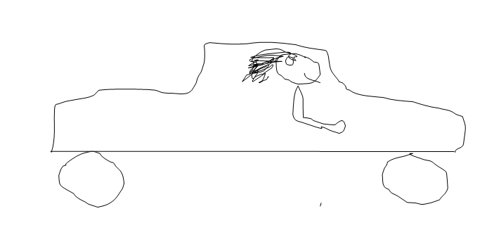 A sketch of a person sitting in a car.