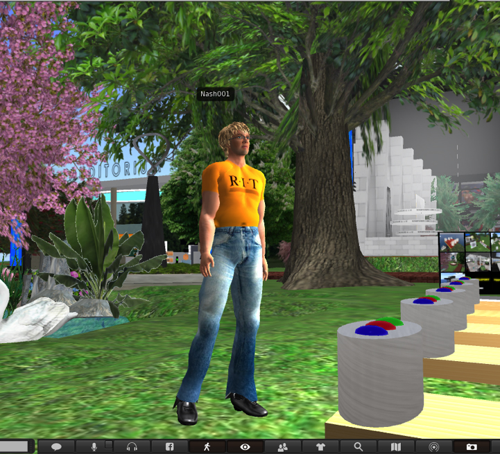 A character in a virtual world with an RIT shirt.