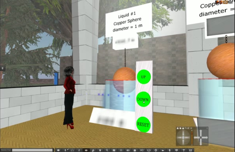 A person in a virtual world next to a tank of liquid with a copper sphere at the top. There are buttons labeled 'up', 'down', and 'reset'. There is a sign with text 'Liquid #1', 'Copper Sphere', 'diameter = 1 m'.