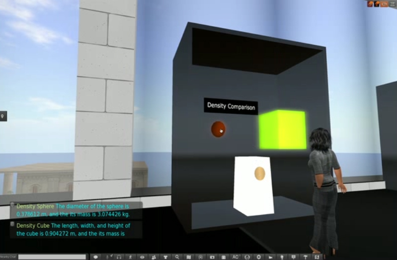 A person in a virtual world next to a dark box with a cube and sphere inside, and floating text 'density comparison'. 