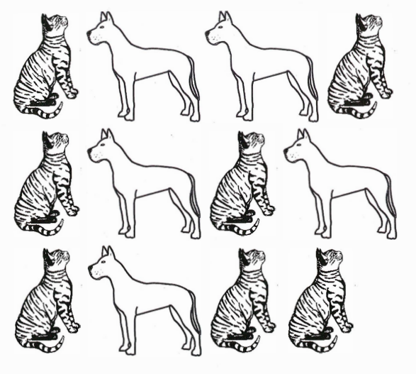 3 rows of 4 columns, with 7 cats and 5 dogs.