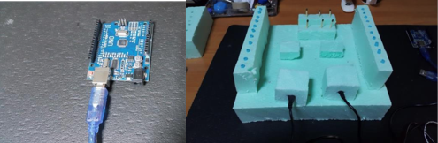 On left, a traditional circuit board with a connected cable. On right
