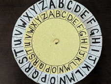 A small paper plate on top of a large paper plate. Both plates have letters on the ends, such that the letters on the inner plate line up with the letters on the outer plate.