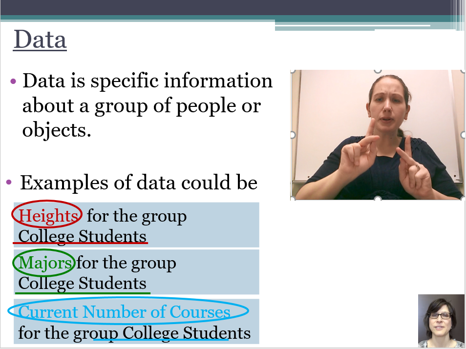 A screenshot of a video call with a sign language interpreter on a presentation slide about data