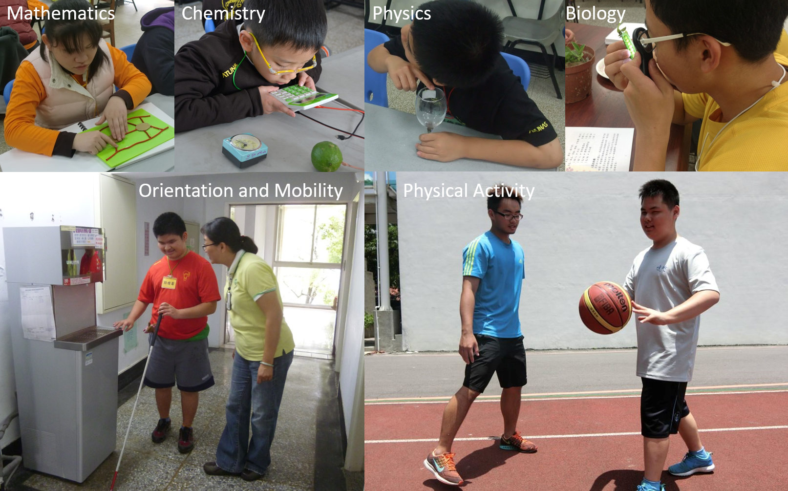 Photographs of children and teenagers participating in different activities, in order: A girl working on a math activity to form a dodecahedron with paper, a boy using a calculator to test a fruit battery, a boy holding a glass to his ear for a physics activity, a boy holding a magnifying glass to a pea pod for a biology activity, a boy using a walking stick with a person next to them, two boys playing basketball