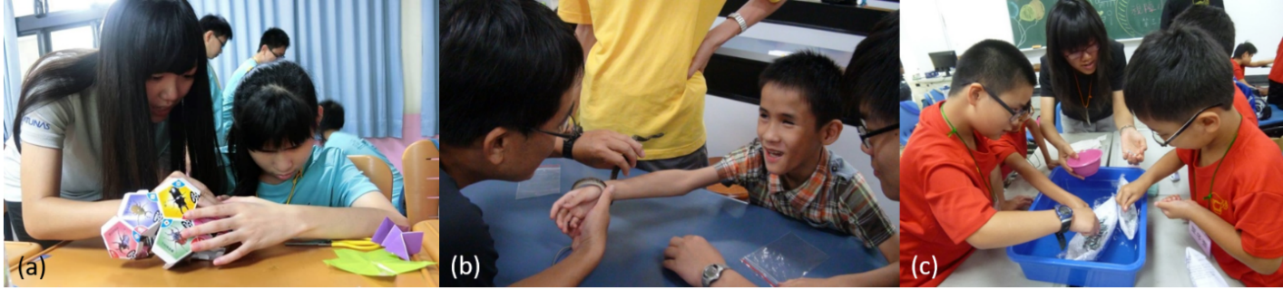 Photographs, in order: A girl being helped assemble a dodecahedron, a boy having a snake placed on his arm, two boys placing paper boats in a bucket of water