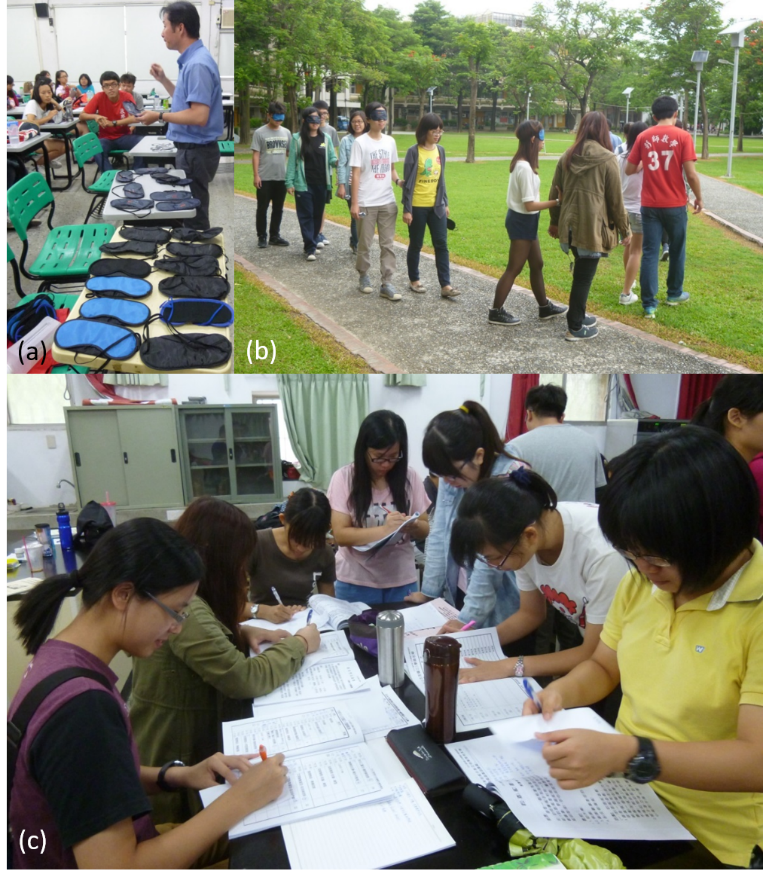 Photographs in order: A speaker instructing teaching assistants, people walking on a path side by side with one partner wearing a blindfold and holding onto the other, people grouped around a table writing on paper
