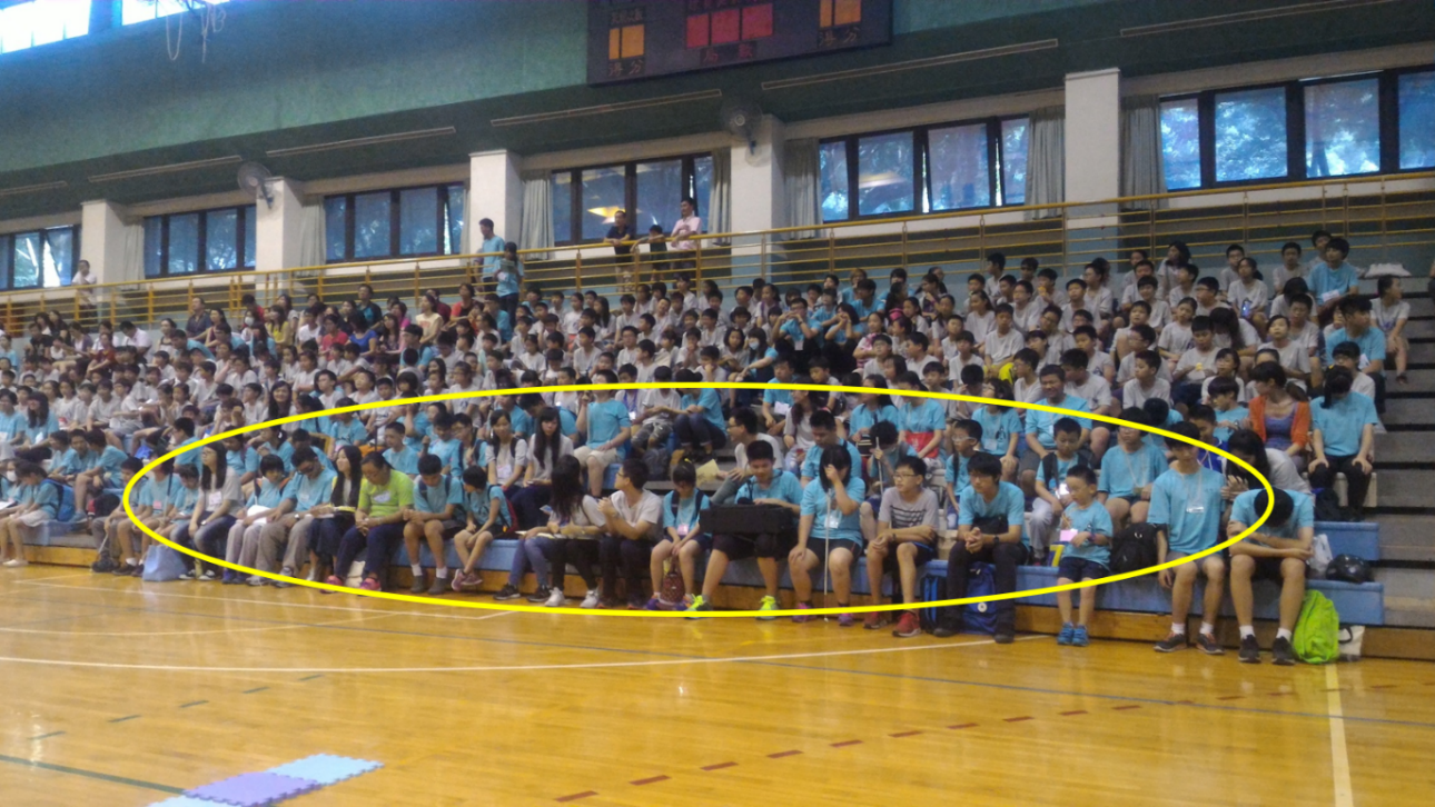 A photograph taken in a school gymnasium of students sitting on bleachers with their parents wearing a blue shirt