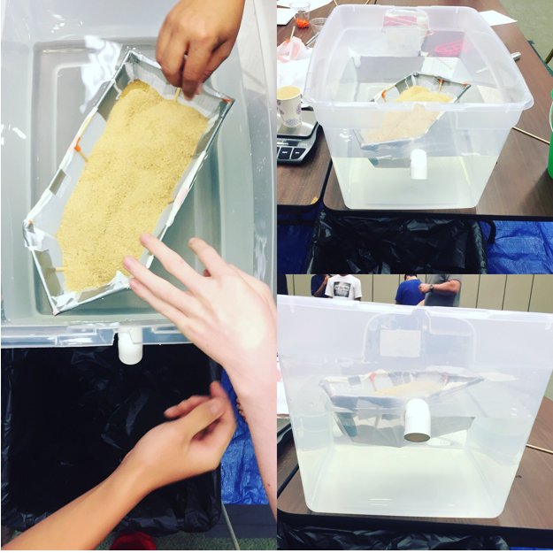 Photographs of a miniature boat containing a grain floating in a small plastic bin.