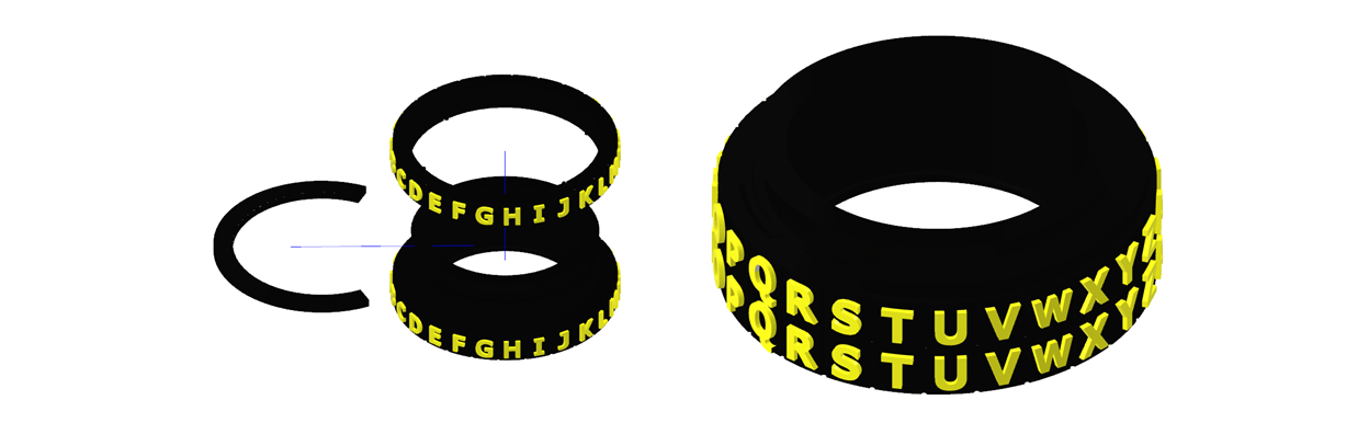 A black wristband with two layers, each having the letters of the English alphabet in yellow.