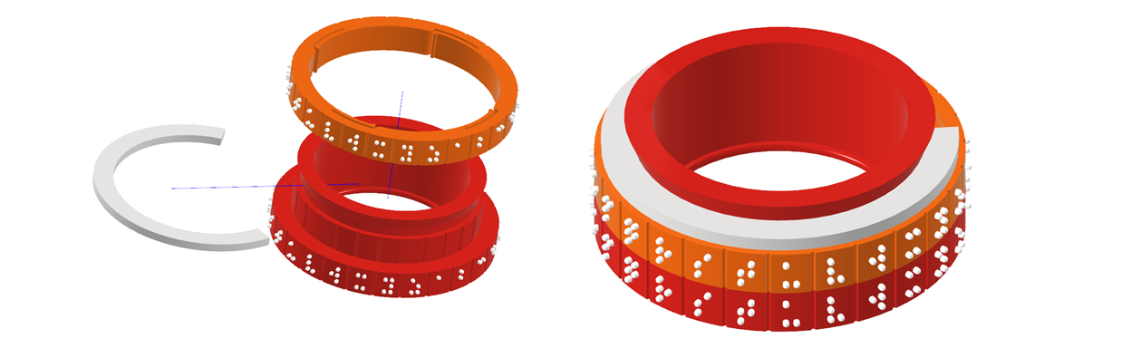 A red and orange wristband with two layers, each having the letters of the Braille alphabet in white.