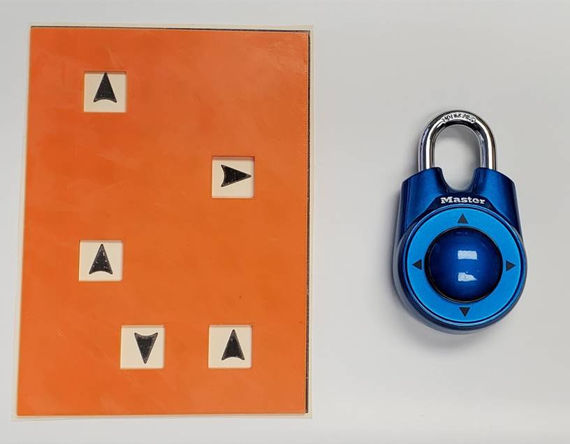 An orange sheet with 5 holes covering a sheet with arrows, showing 5 arrows, next to a directional lock.
