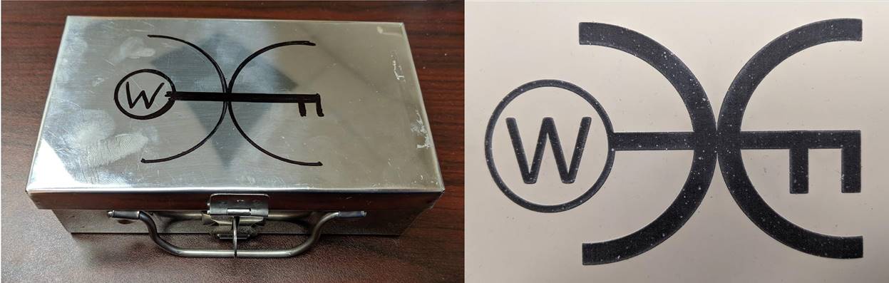 On left, a metal box with a drawing a key with a W on the handle and two semicircles touching in the middle. On right, a diagram of the drawing and semicircles.