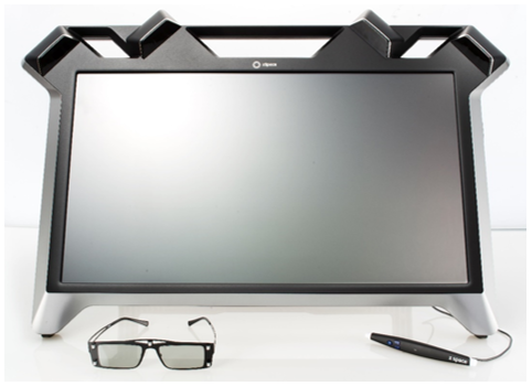 A render of a computer display with head tracking cameras, a stylus, and eyewear.