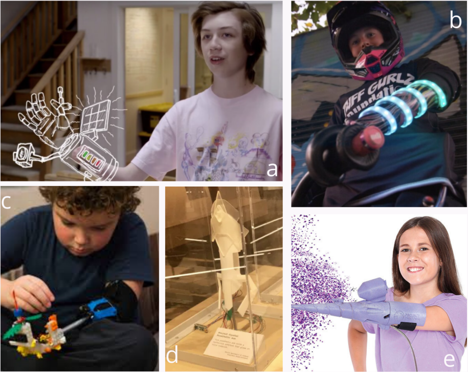 (a), a person with a gauntlet drawn on their arm. (b), a person with a bike helmet on with an item on their arm with lights around it. (c) a person with an arm attachment with LEGOs. (d) A design in a glass case. (e) A person with a purple arm attachment.
