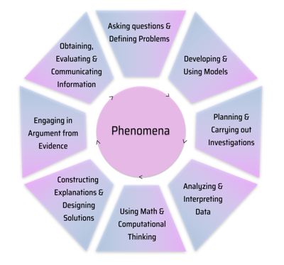 A circle with 'Phenomena' in the center, surrounded by 8 blocks, and arrows going clockwise. From the top, 'asking questions & defining problems', 'developing & using models', 'planning & carrying out investigations', 'analyzing & interpreting data', 'using math & computational thinking', constructing explanations & designing solutions', 'engaging in argument from evidence', 'obtaining, evaluation & communicating information'.